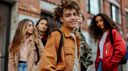 Obraz premium Trendy youth in fashionable outfits enjoying day out together, showcasing their unique styles and vibrant personalities. Their smiles reflect sense of friendship and fun