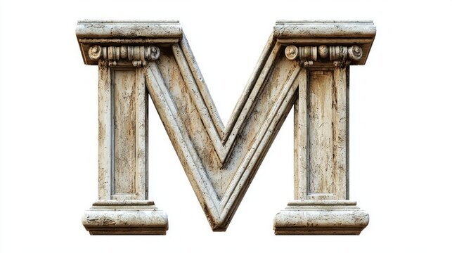 beautifully crafted letter M showcases intricate antique column textures, set against a pristine white backdrop, perfect for unique design applications and artistic inspiration.