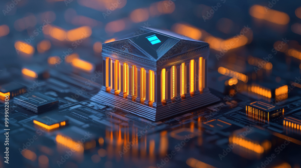 Poster a building made of computer chips is lit up in orange