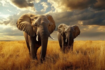 Obraz premium Two elephants in the field of south africa..generative ai