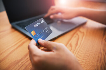 Close-up shopping online store e-commerce concept, online digital banking payment through mobile phone application using credit card, online market purchasing, ordering purchasing item product.
