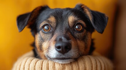 Confused Dog Surrounded by Question Marks on Yellow Background - Perfect for Pet Care Topics