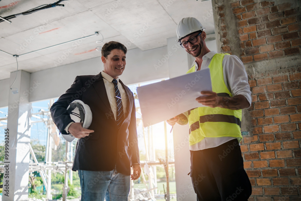 Poster contractor and engineer architect working together planning using blueprint design structure constru