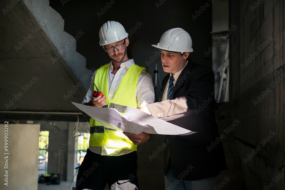 Poster contractor and engineer architect working together planning using blueprint design structure constru