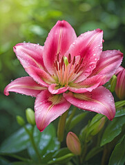 Fototapeta premium Vibrant Pink Lily with Dew Against a Misty Garden Background
