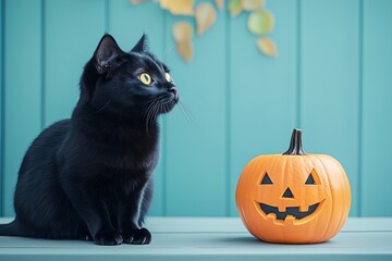 Fototapeta premium A sleek black cat with glowing yellow eyes gazes intently at something off-camera while sitting next to a carved jack-o'-lantern. The light teal backdrop and autumnal leaves add a cozy, playful vibe 