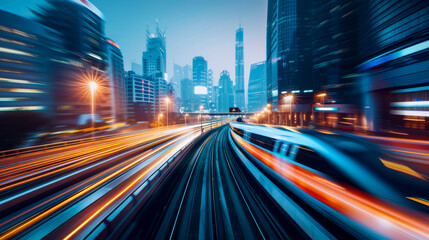 Fototapeta premium high speed bullet train glides through vibrant cityscape at dusk, showcasing dynamic light trails and modern skyscrapers. scene captures essence of urban energy and technological advancement