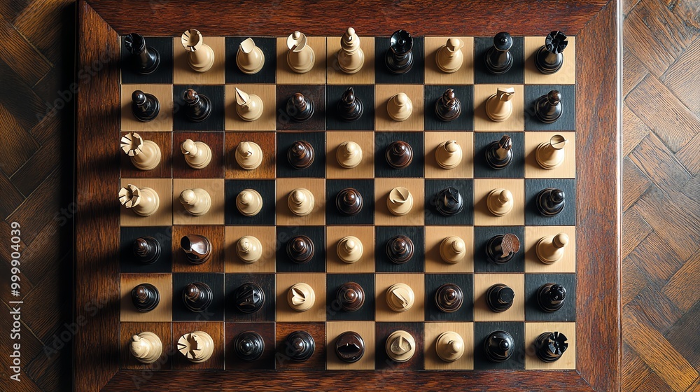 Aufkleber an overhead view of a chessboard with the pieces set up for the start of a game.