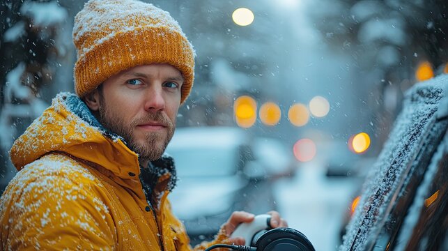 man charging electric car during cold snowy day side view of hansome man putting charger in charging port during winter cold weather charging and driving electric vehicles during winter season