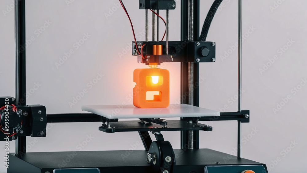 Poster 3d printer in action printing a bright orange object with precision and technology