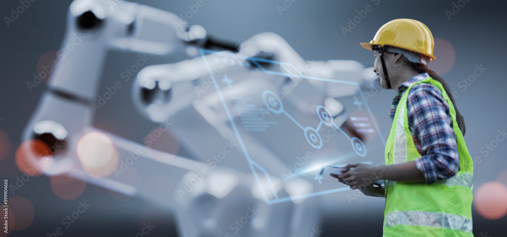 Poster engineer monitoring robotic ai arms in manufacturing factory plant, manager managing controlling usi