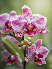 Naklejka premium Delicate Pink Orchid with Soft Morning Dew and Blurred Foliage