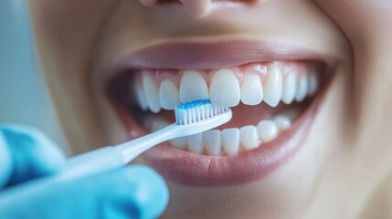 Close-up of a Dentist's Hand Demonstrating Proper Tooth Brushing Technique on a Patient's Open Mouth with a White Toothbrush
