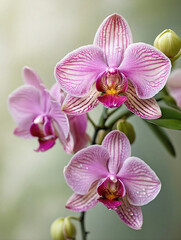 Obraz premium Delicate Pink Orchid with Soft Morning Dew and Blurred Foliage