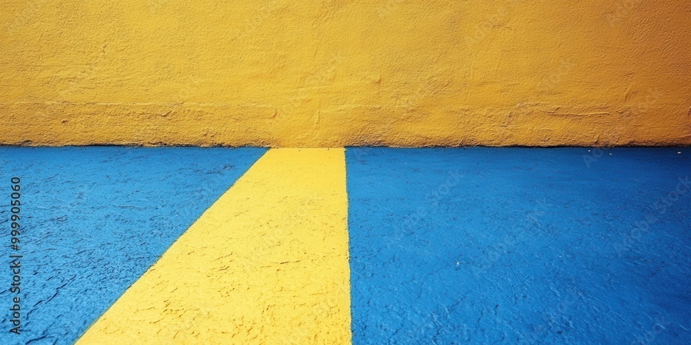 Poster A single yellow line bisects a blue painted surface, meeting a yellow wall, creating a simple but striking abstract composition