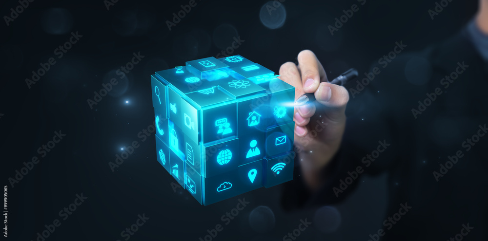 Aufkleber business tech cube futuristic technology concept, modern 3d render cube model, businessman finger po