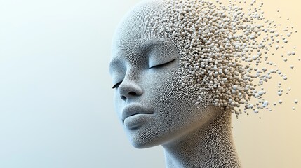 A concept image of an abstract human face disintegrating into particles, representing fragmentation and transformation.