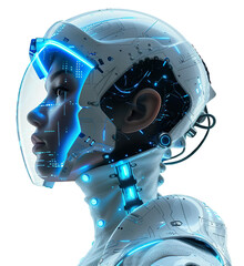 Futuristic humanoid robot in high-tech helmet with blue neon lights and intricate circuitry, on transparent background. Perfect for use in AI, robotics, sci-fi, technology themes.
