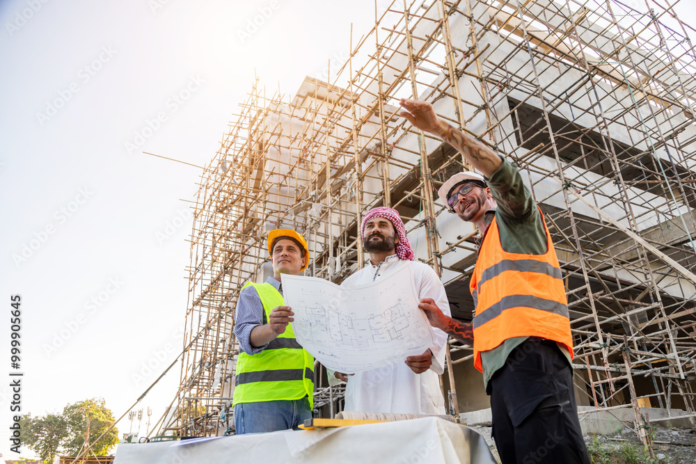 Poster architect engineer technician construction worker all working together as a team, working communicat