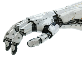 Detailed closeup of futuristic robot hand showcasing advanced mechanical engineering with articulated fingers, on transparent background. Cut out robotic hand.