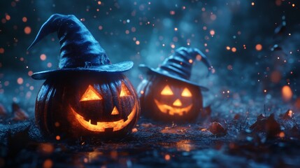 Naklejka premium Glowing Jack-o'-Lanterns with Witch Hats in a Spooky Halloween Forest