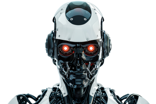 Futuristic robotic head with intricate mechanical details, on transparent background. Ideal for technology-related projects, AI concepts, robotics and futuristic designs. Cut out.