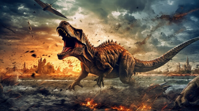 A scene from prehistory. Dinosaurs before extinction