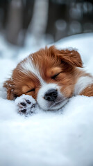 The soft body of a cute baby dog is resting comfortably in a fluffy snow pile. The cold winter atmosphere surrounds it with snow covering the area