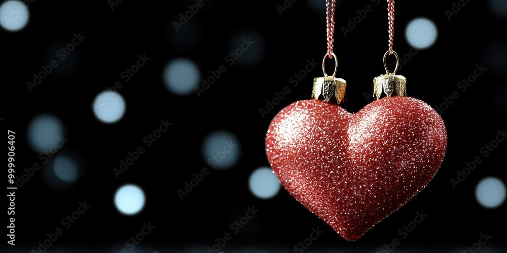 Poster A single red glittery heart shaped ornament hangs from a gold string against a dark background with blurry white lights.