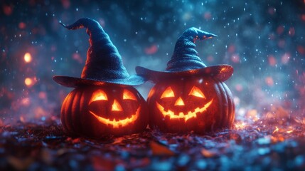 Fototapeta premium Glowing Jack-o'-Lanterns with Witch Hats in a Spooky Halloween Forest