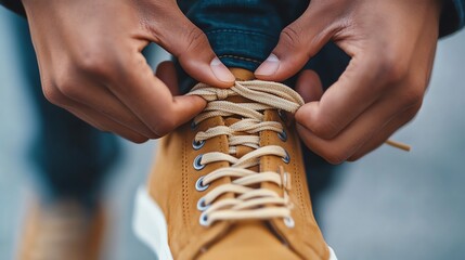 Obraz premium Close-up of hands tying shoelaces on a brown shoe.