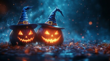 Fototapeta premium Glowing Jack-o'-Lanterns with Witch Hats in a Spooky Halloween Forest