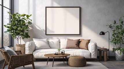 Mockup frame in Scandinavian living room interior background, 3d render