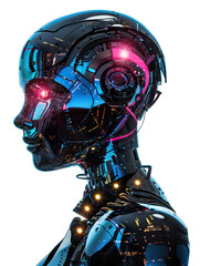 Futuristic humanoid robot with glowing pink and blue lights, sleek metallic surfaces, on transparent background. Perfect for AI, robotics, sci-fi, and advanced technology themes.