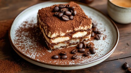 A mouth-watering photo of Tiramisu, beautifully plated with cocoa powder and coffee beans, highlighting the elegance of this classic Italian dessert.