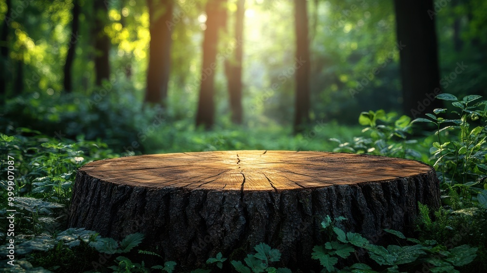Poster A weathered tree stump with a smooth, sun-drenched surface in a dense forest setting