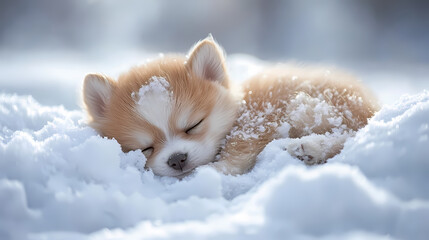 Obraz premium The soft body of a cute baby dog is resting comfortably in a fluffy snow pile. The cold winter atmosphere surrounds it with snow covering the area