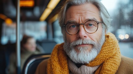 mature businessman with smartphone travelling by bus in city