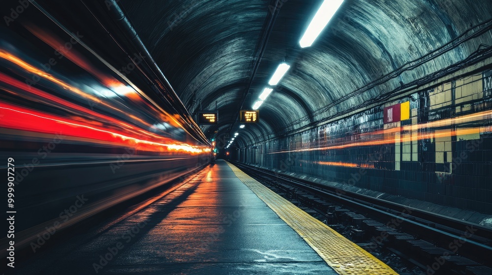 Poster a nighttime shot of a subway tunnel with illuminated signs and safety lights, creating a sense of mo
