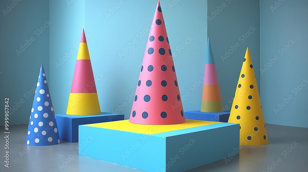 Aufkleber a colorful display of patterned cones arranged on blue platforms against a light blue backdrop.