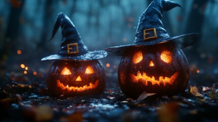Fototapeta premium Glowing Jack-o'-Lanterns with Witch Hats in a Spooky Halloween Forest