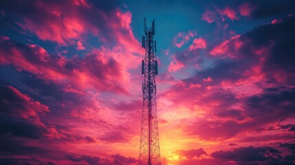 Naklejka premium Silhouette of a Telecommunication Tower with Antennas Against a Sunset Sky for Technology Themes