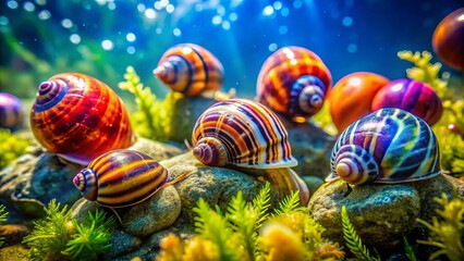 Obraz premium Aquatic photography reveals an array of colorful ocean snails nestled on rocks, surrounded by thriving seaweed,