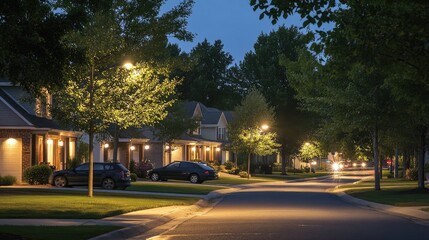 A peaceful suburban street at night, with houses adorned with soft exterior lights and trees casting shadows, creating a serene and inviting nighttime scene.