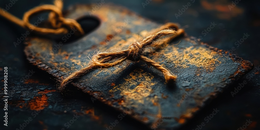 Poster A close-up of a knotted twine resting on a weathered, rusted metal surface, showcasing the intricate patterns of oxidation and the contrasting textures of rough metal and soft fiber.