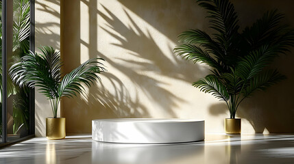 Fototapeta premium Minimalist Room Design with White Platform, Palm Trees, and Sunlight