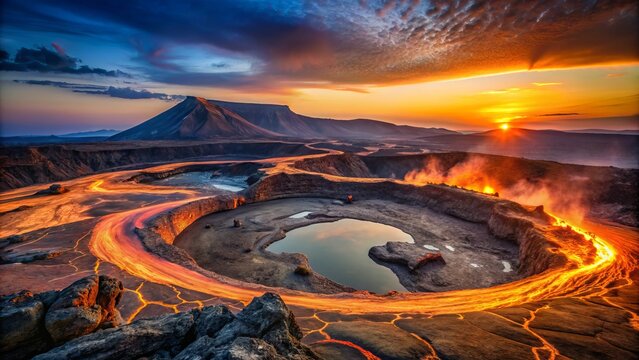 As dusk falls, the breathtaking landscape of Afar Ertale, with its unique geological features and mesmerizing lava