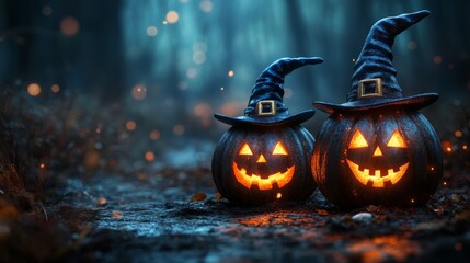 Fototapeta premium Glowing Jack-o'-Lanterns with Witch Hats in a Spooky Halloween Forest