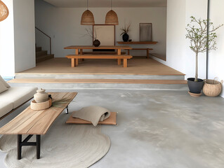 Inviting Open Space Living Area Showcasing Stylish Gray Microcement Flooring