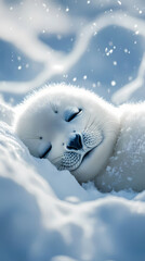 Obraz premium The soft body of a cute baby seal is resting comfortably in a fluffy snow pile. The cold winter atmosphere surrounds it with snow covering the area
